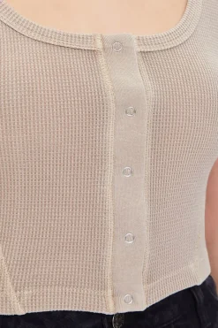 Waffle Knit Button-Front Crop Top