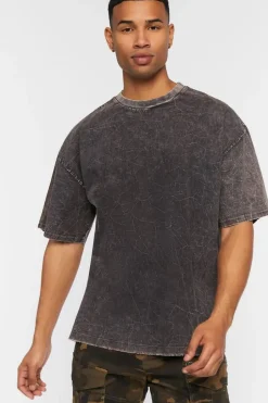 Woven Acid Wash Frayed Crew Neck Tee