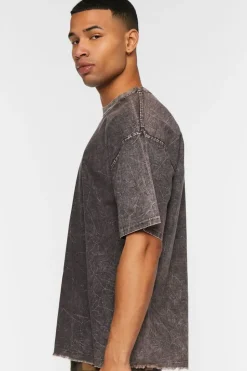 Woven Acid Wash Frayed Crew Neck Tee