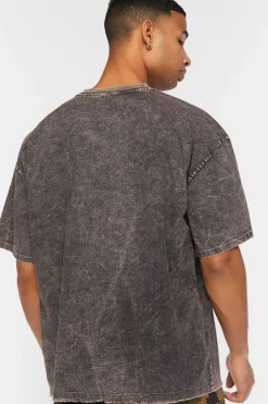 Woven Acid Wash Frayed Crew Neck Tee