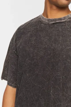 Woven Acid Wash Frayed Crew Neck Tee