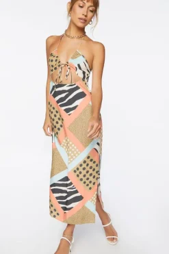 Zebra Patternblock Halter Midi Dress