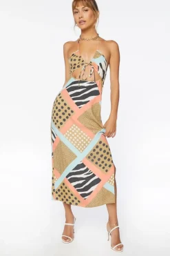 Zebra Patternblock Halter Midi Dress