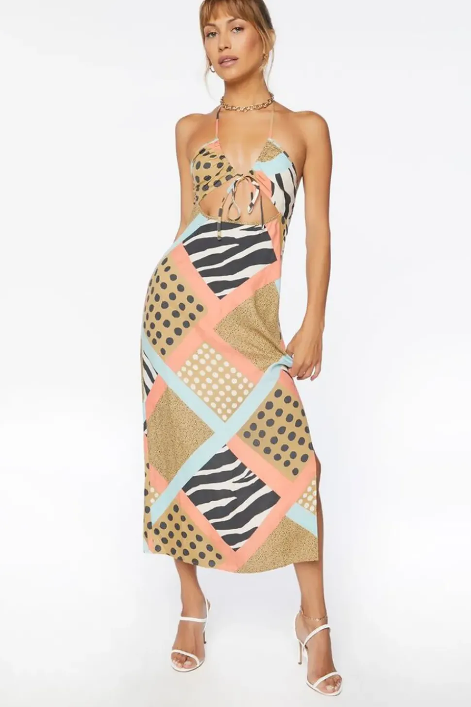 Zebra Patternblock Halter Midi Dress