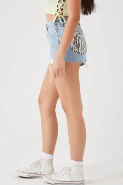 Zebra Print-Pocket Denim Shorts