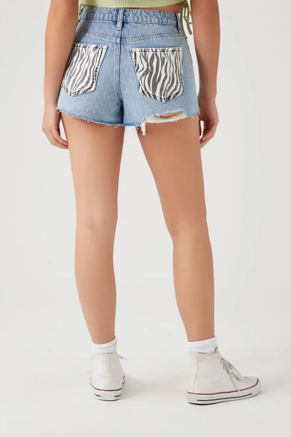 Zebra Print-Pocket Denim Shorts